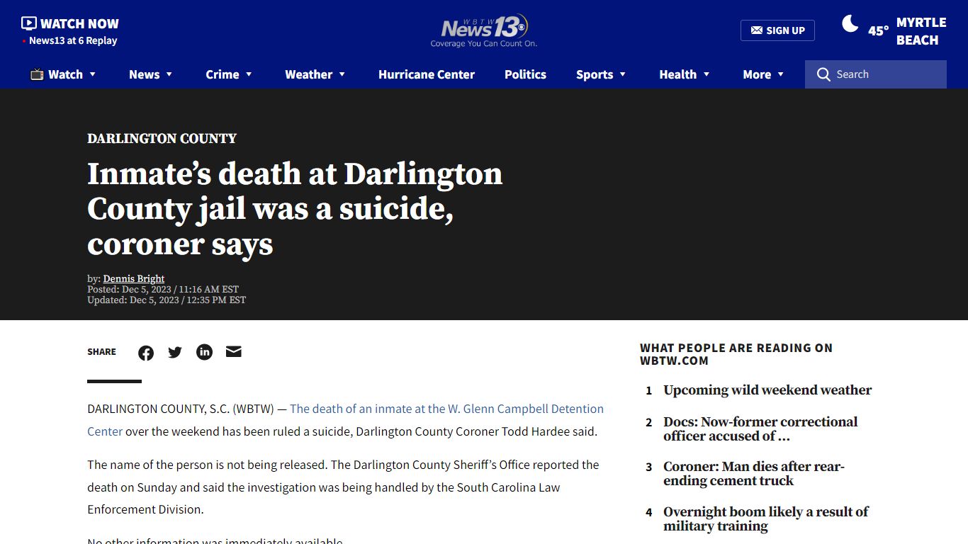 Inmate’s death at Darlington County jail was a suicide ... - WBTW